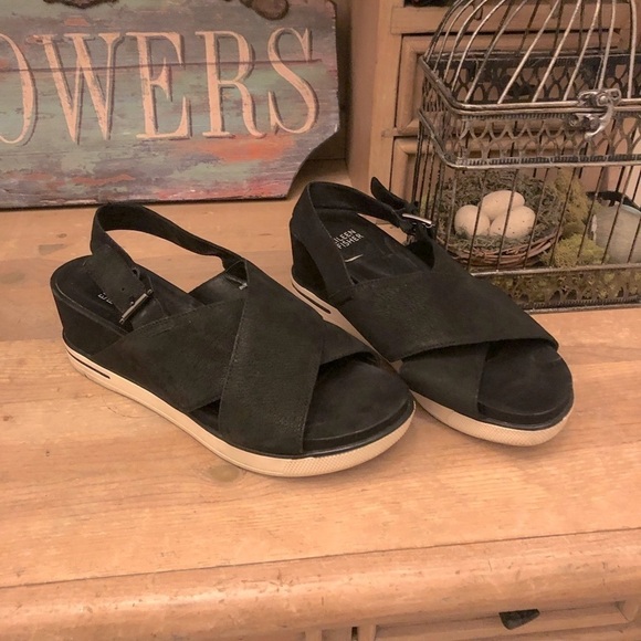 Eileen Fisher “Good” Criss Cross Sandals Wedge Leather Suede Slingback 7.5 Black - Picture 1 of 7